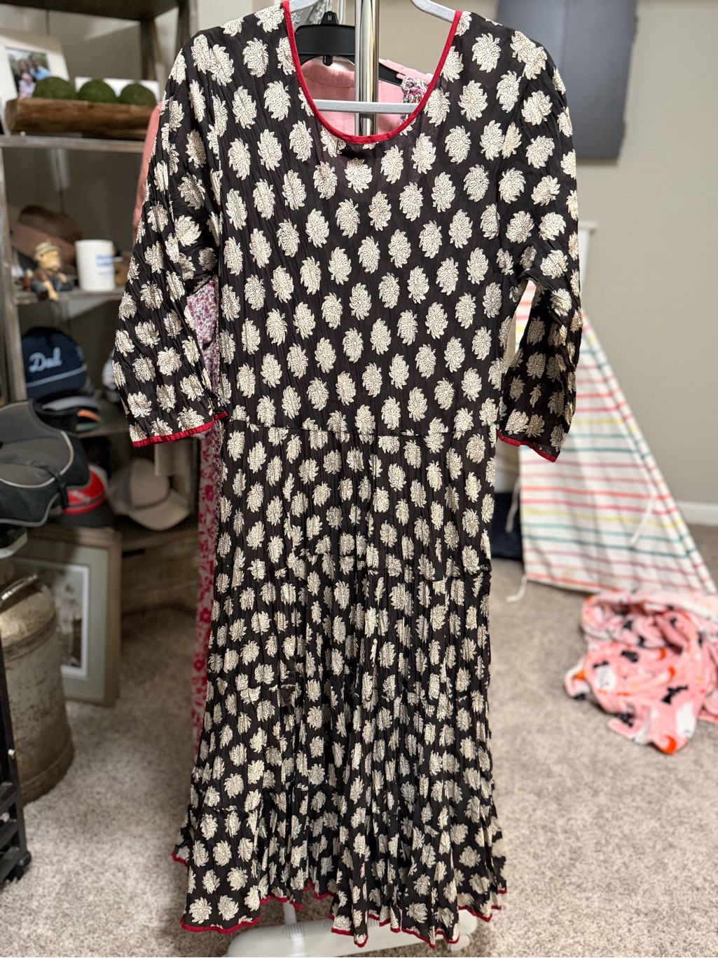 Black Floral Long-Sleeve Tiered Midi Dress With Red Trim — image 2 of 4